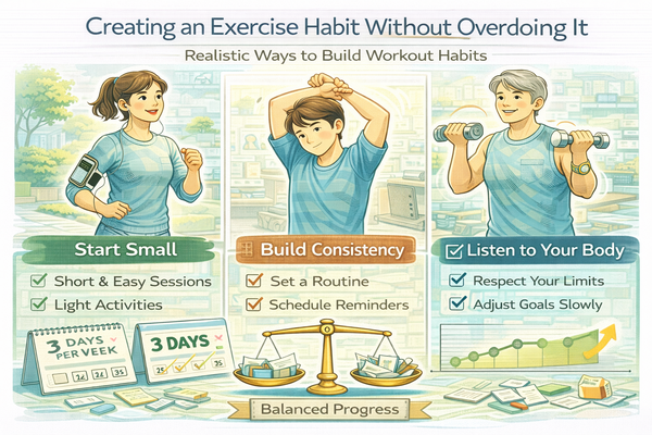 무리하지 않고 운동 습관 만드는 현실적인 방법을 설명하는 가벼운 운동 장면 이미지