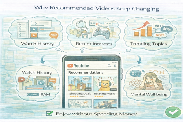 유튜브 추천 영상이 계속 바뀌는 이유를 설명하는 스마트폰 유튜브 화면 이미지