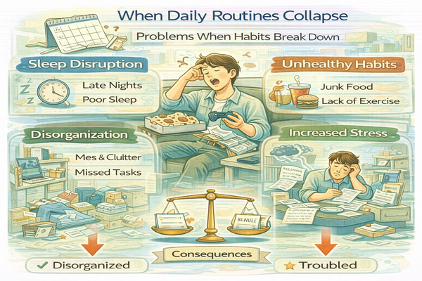 일상 루틴이 무너질 때 생기는 문제를 설명하는 생활 패턴 변화 이미지