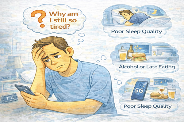 잠을 자도 피곤한 이유를 고민하는 중장년 남성