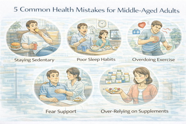 중장년이 가장 많이 하는 건강 관리 실수 5가지를 설명하는 이미지