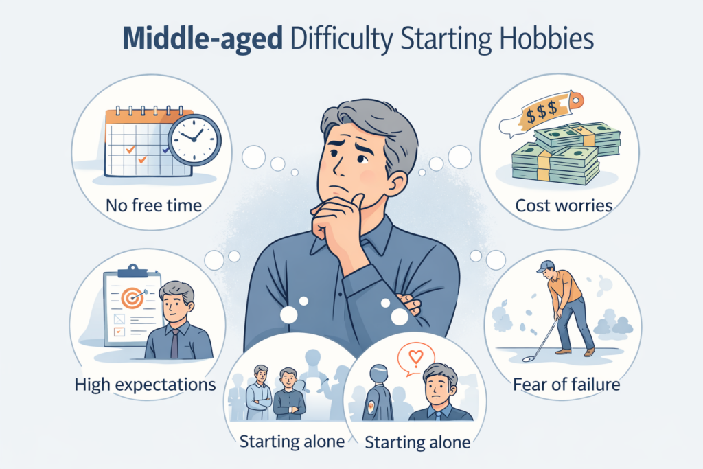 중장년이 취미를 시작하기 어려운 이유를 설명하는 이미지