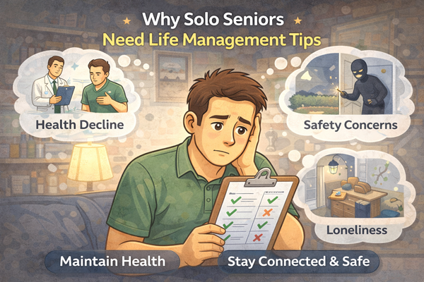 혼자 사는 중장년 생활 관리 팁을 설명하는 이미지