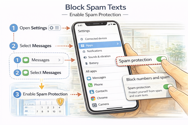 문자 스팸 차단 설정 방법을 설명하는 스마트폰 메시지 설정 화면 이미지