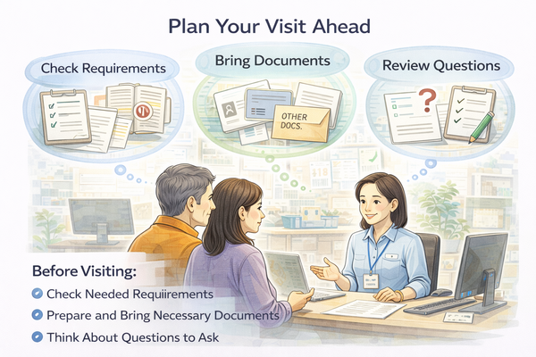 주민센터 방문 전 준비해야 할 것을 설명하는 행정 민원 상담 장면 이미지