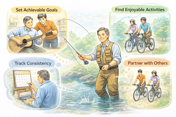 취미를 오래 유지하는 방법을 설명하는 중장년 취미 활동 장면 이미지
